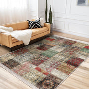Çok Renki Patchwork Motifli Eskitme Desenli Etnik Motifler Vintage Salon Oturma Odası Koridor Antre Dijital Baskılı Makinede Yıkanabilir Saçaklı Halı Bonvagon