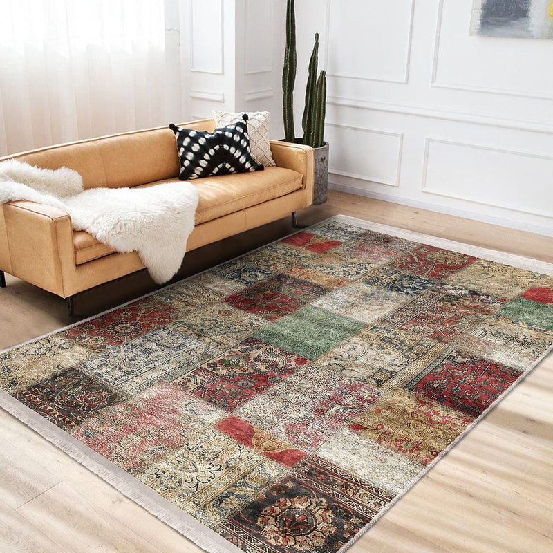 Çok Renki Patchwork Motifli Eskitme Desenli Etnik Motifler Vintage Salon Oturma Odası Koridor Antre Dijital Baskılı Makinede Yıkanabilir Saçaklı Halı Bonvagon