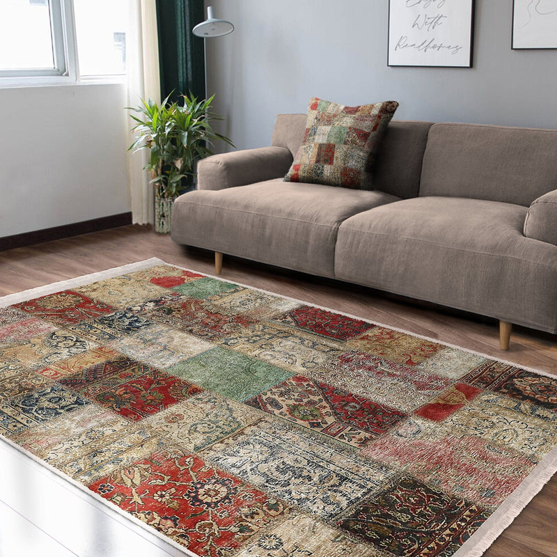 Çok Renki Patchwork Motifli Eskitme Desenli Etnik Motifler Vintage Salon Oturma Odası Koridor Antre Dijital Baskılı Makinede Yıkanabilir Saçaklı Halı Bonvagon