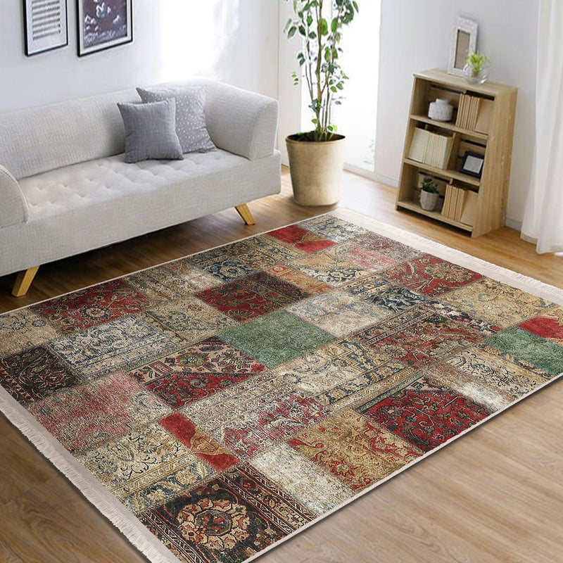 Çok Renki Patchwork Motifli Eskitme Desenli Etnik Motifler Vintage Salon Oturma Odası Koridor Antre Dijital Baskılı Makinede Yıkanabilir Saçaklı Halı Bonvagon
