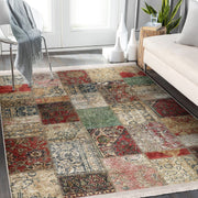 Çok Renki Patchwork Motifli Eskitme Desenli Etnik Motifler Vintage Salon Oturma Odası Koridor Antre Dijital Baskılı Makinede Yıkanabilir Saçaklı Halı Bonvagon