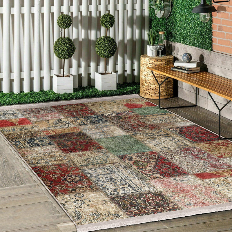 Çok Renki Patchwork Motifli Eskitme Desenli Etnik Motifler Vintage Salon Oturma Odası Koridor Antre Dijital Baskılı Makinede Yıkanabilir Saçaklı Halı Bonvagon