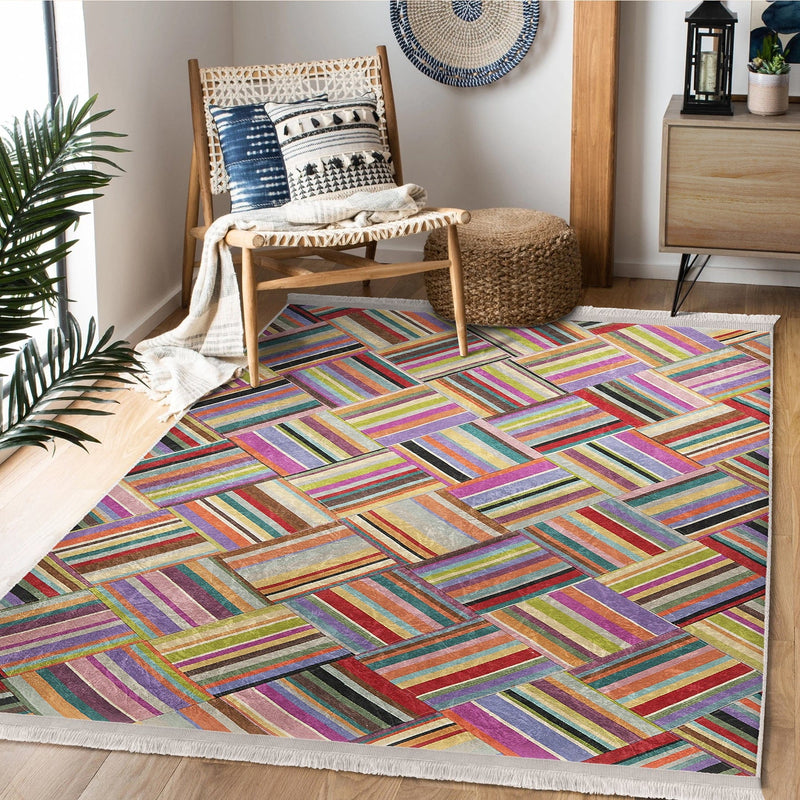 Çok Renkli Patchwork Motifli Desenli Dijital Baskılı Makinede Yıkanabilir Saçaklı Halı