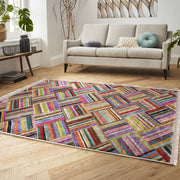 Çok Renkli Patchwork Motifli Desenli Dijital Baskılı Makinede Yıkanabilir Saçaklı Halı