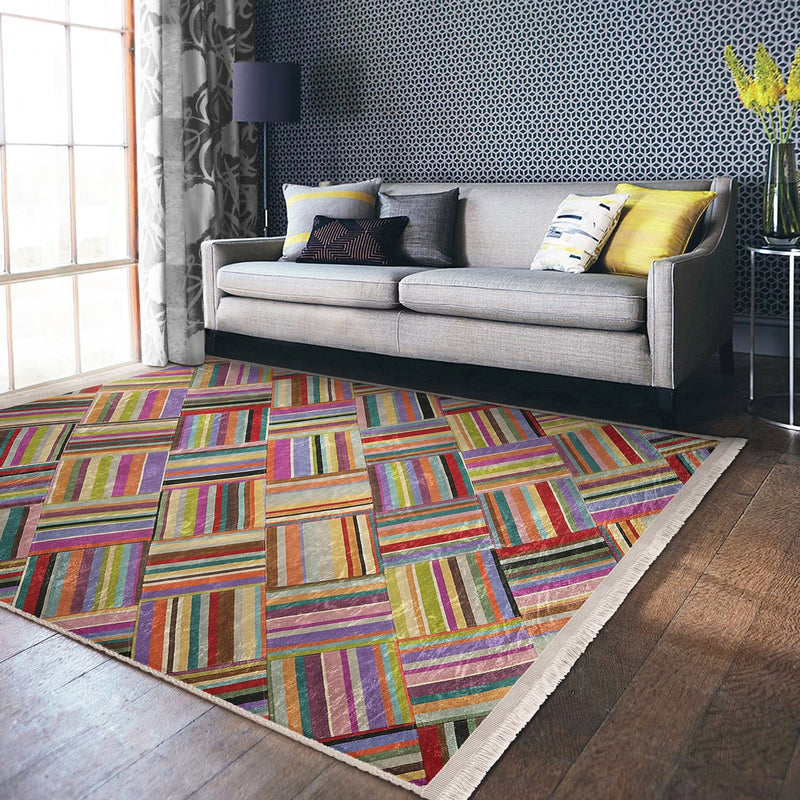 Çok Renkli Patchwork Motifli Desenli Dijital Baskılı Makinede Yıkanabilir Saçaklı Halı