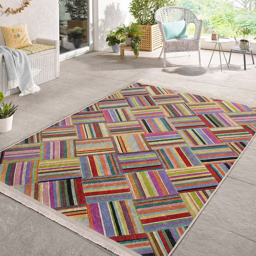 Çok Renkli Patchwork Motifli Desenli Dijital Baskılı Makinede Yıkanabilir Saçaklı Halı