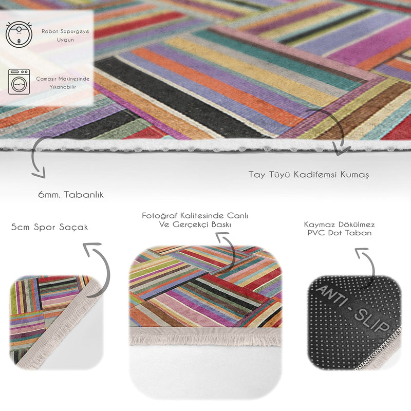 Çok Renkli Patchwork Motifli Desenli Dijital Baskılı Makinede Yıkanabilir Saçaklı Halı Bonvagon