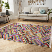 Çok Renkli Patchwork Motifli Desenli Dijital Baskılı Makinede Yıkanabilir Saçaklı Halı Bonvagon