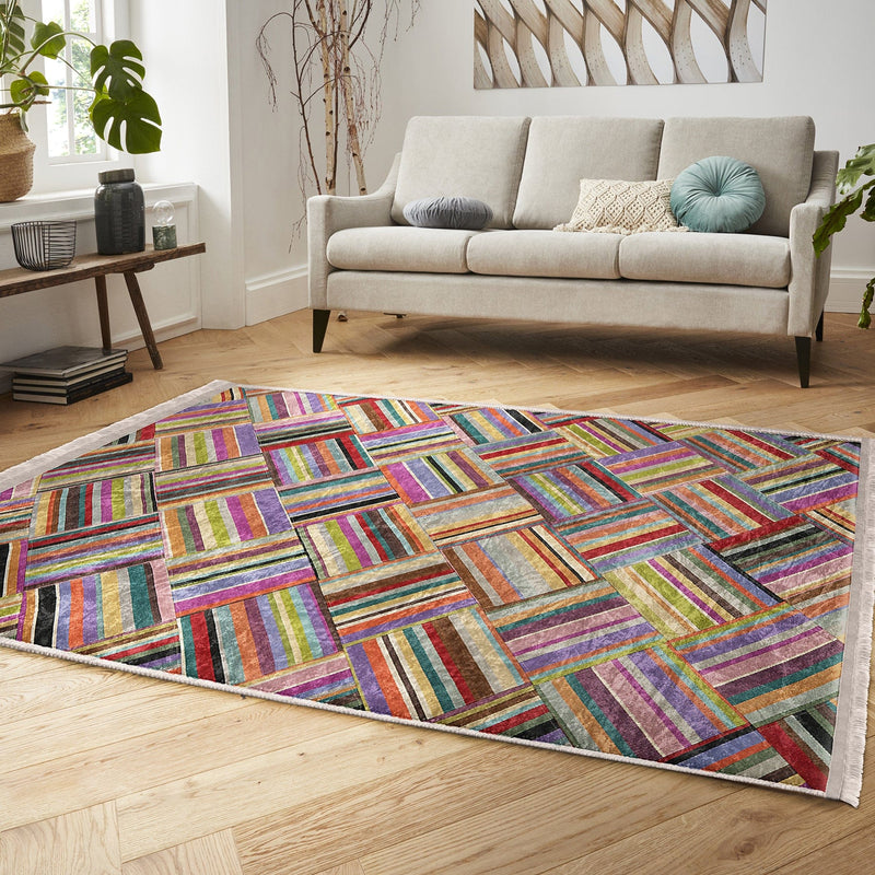 Çok Renkli Patchwork Motifli Desenli Dijital Baskılı Makinede Yıkanabilir Saçaklı Halı Bonvagon