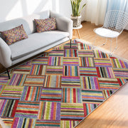 Çok Renkli Patchwork Motifli Desenli Dijital Baskılı Makinede Yıkanabilir Saçaklı Halı Bonvagon