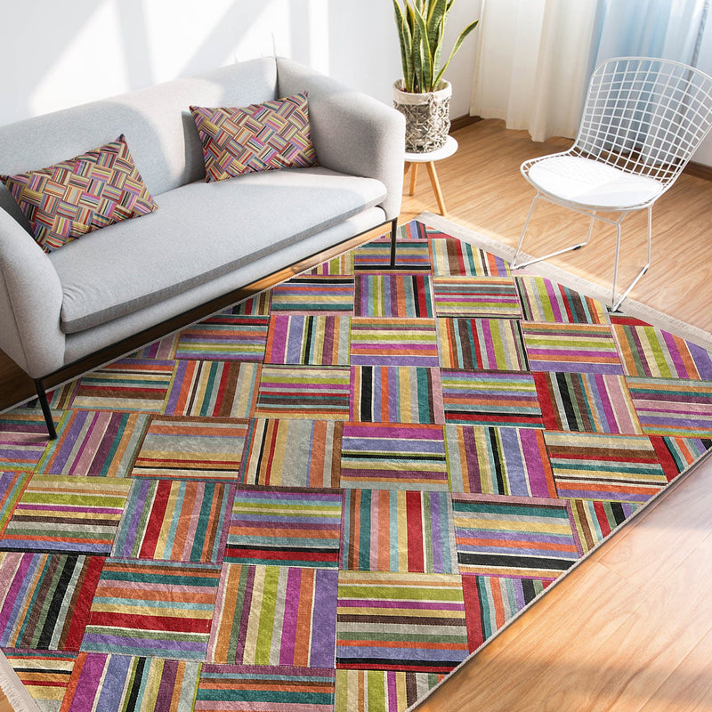 Çok Renkli Patchwork Motifli Desenli Dijital Baskılı Makinede Yıkanabilir Saçaklı Halı Bonvagon