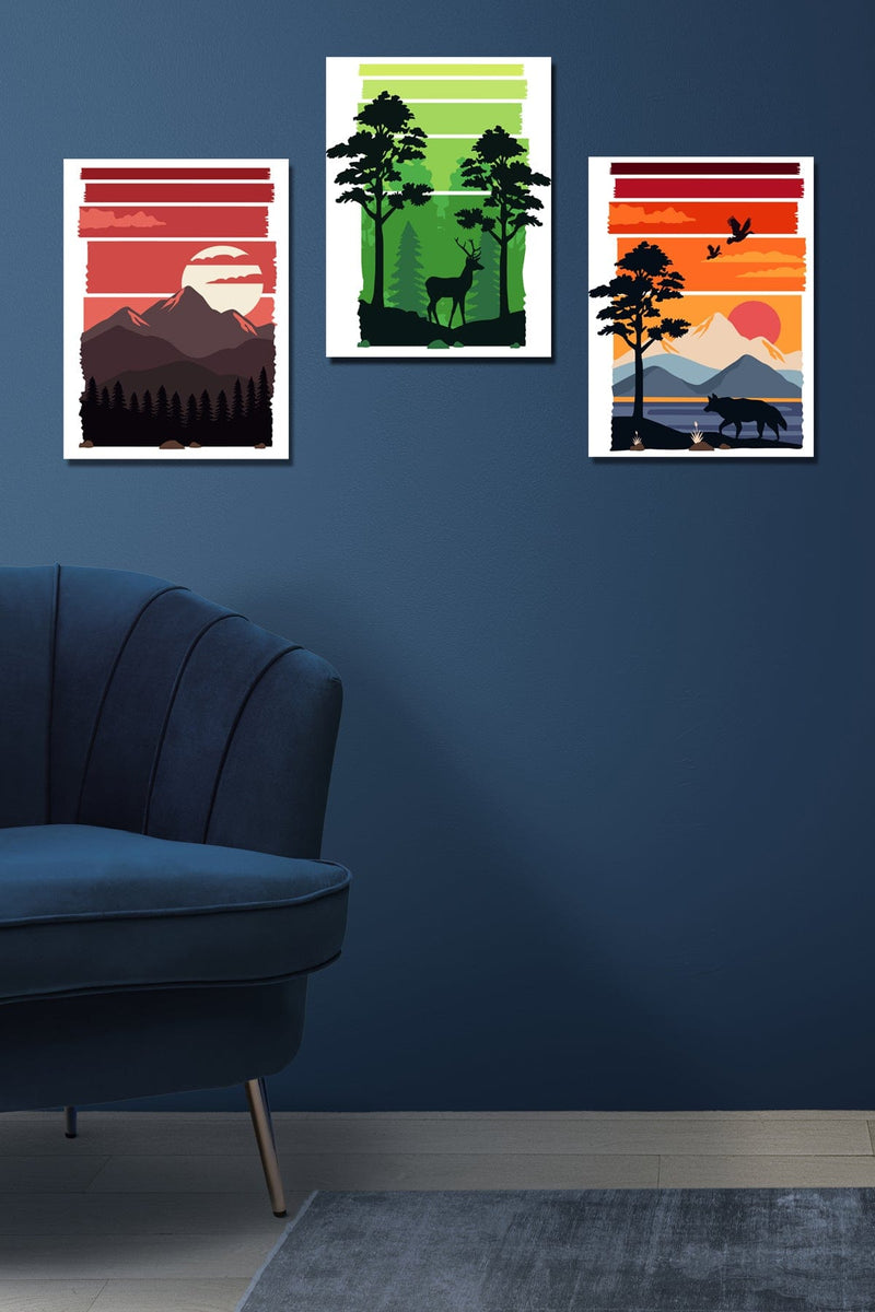 Dağ Ve Günbatımı Manzaralı 3lü Tablo Seti Bonvagon