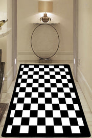 Damalı Checkers Siyah Beyaz Dijital Baskılı Halı, Kaymaz Taban, Yıkanabilir Bonvagon