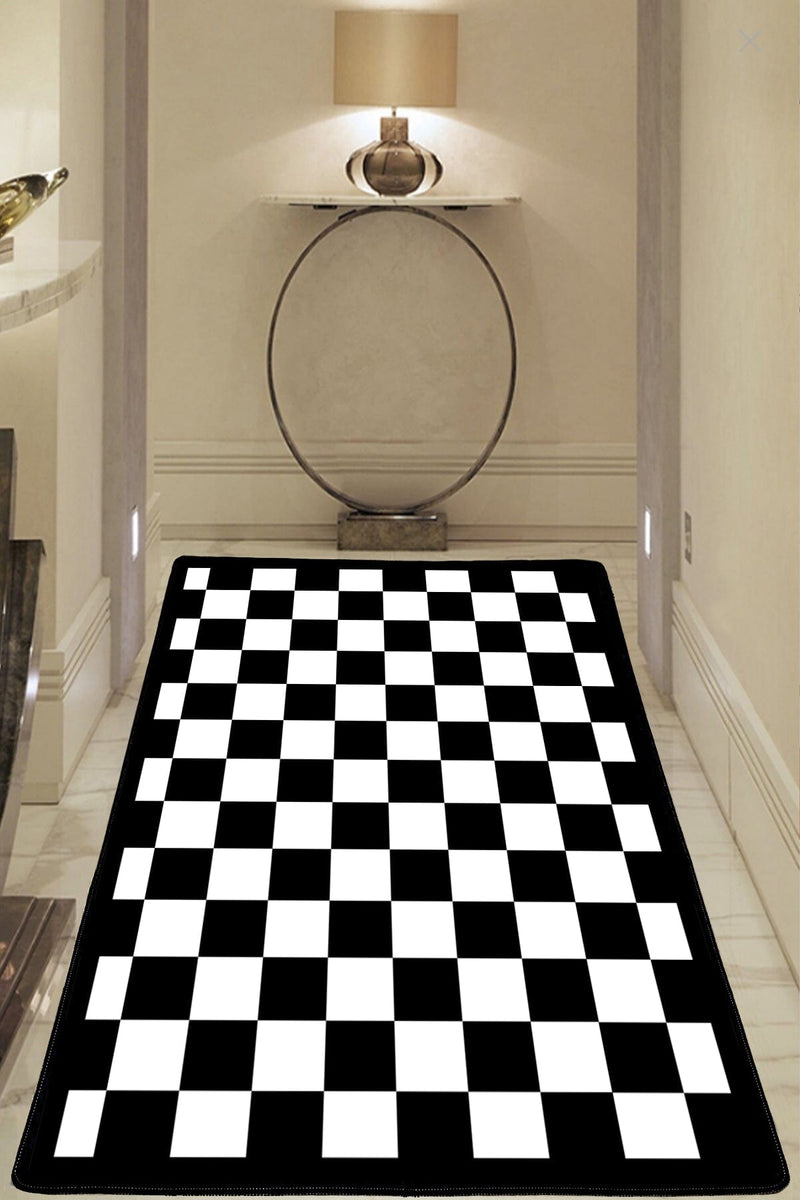 Damalı Checkers Siyah Beyaz Dijital Baskılı Halı, Kaymaz Taban, Yıkanabilir Bonvagon