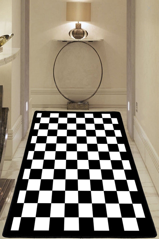 Damalı Checkers Siyah Beyaz Dijital Baskılı Halı, Kaymaz Taban, Yıkanabilir Bonvagon