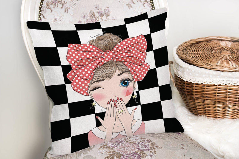 Damalı Fashion Girl Dijital Baskılı Modern Yastık Kılıfı 43x43cm Bonvagon