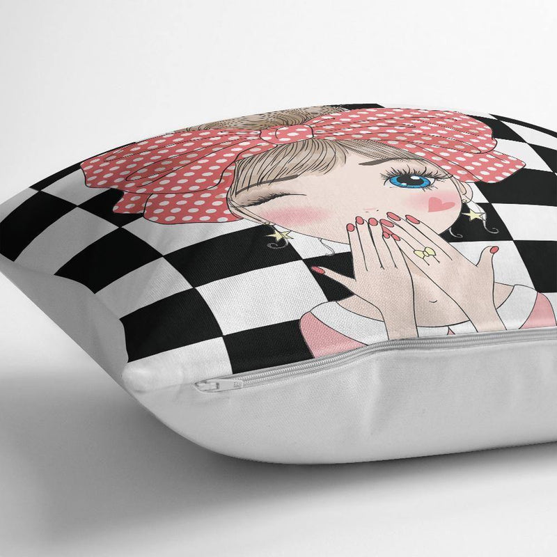 Damalı Fashion Girl Dijital Baskılı Modern Yastık Kılıfı 43x43cm Bonvagon