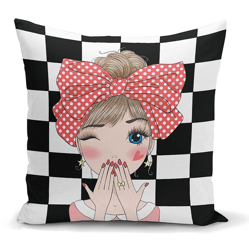 Damalı Fashion Girl Dijital Baskılı Modern Yastık Kılıfı 43x43cm Bonvagon