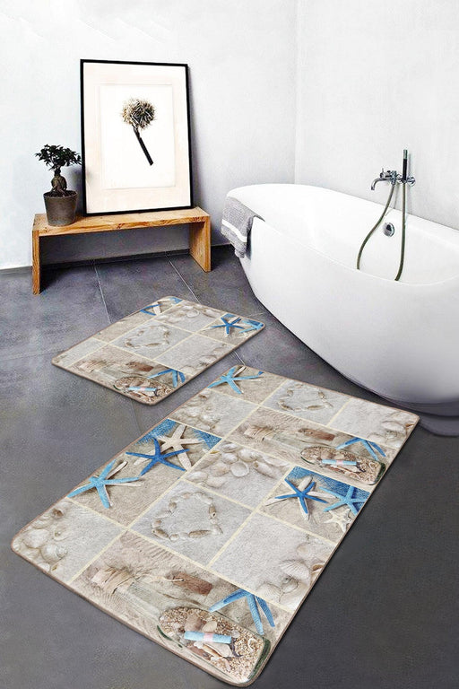 Deniz Kabuğu Yıldızı Özel Tasarım 2li Banyo Paspas ve Halısı Takımı Kaymaz Taban Yıkanabilir