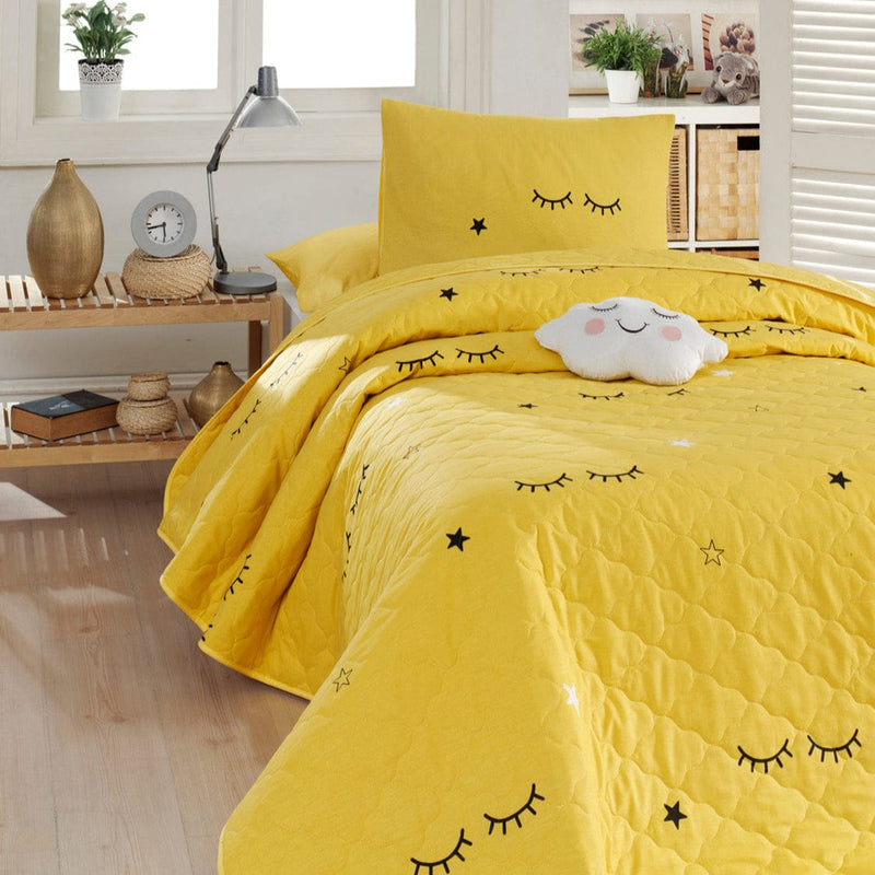 Dide Sarı Kapitoneli Yatak Örtüsü Seti (Çarşafsız) %100 Doğal Pamuk Ranforce Bonvagon