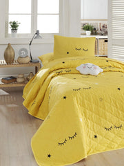 Dide Sarı Kapitoneli Yatak Örtüsü Seti (Çarşafsız) %100 Doğal Pamuk Ranforce Bonvagon