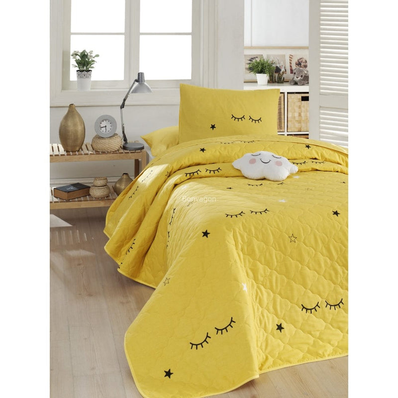 Dide Sarı Kapitoneli Yatak Örtüsü Seti (Çarşafsız) %100 Doğal Pamuk Ranforce Bonvagon