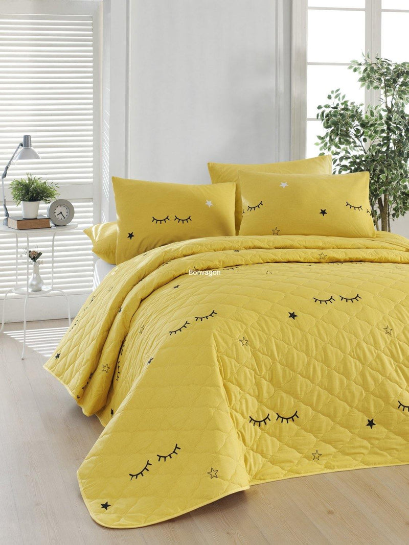 Dide Sarı Kapitoneli Yatak Örtüsü Seti (Çarşafsız) %100 Doğal Pamuk Ranforce Bonvagon