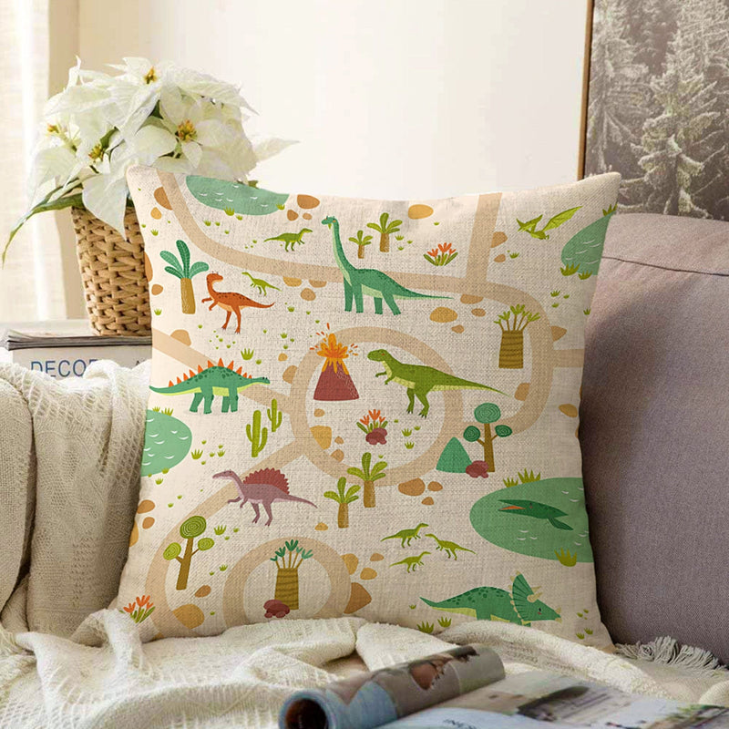 Dinozor Desenli Oyun Yolları Tasarımlı Çocuk & Genç Odası Modern Yastık Kırlent Kılıfı Bonvagon