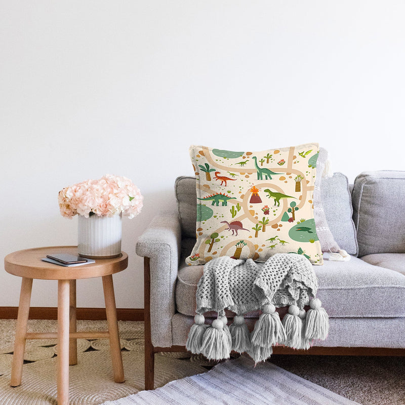 Dinozor Desenli Oyun Yolları Tasarımlı Çocuk & Genç Odası Modern Yastık Kırlent Kılıfı Bonvagon