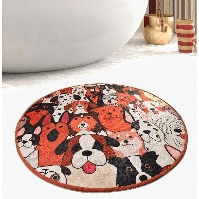 Dogs Dijital Baskılı Yuvarlak Banyo Paspas ve Halısı, Kaymaz Taban, Yıkanabilir Bonvagon