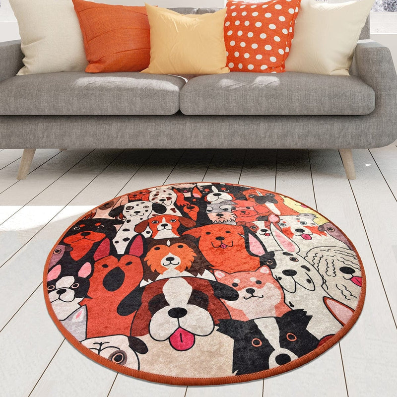 Dogs Yuvarlak Dijital Baskılı Halı, Kaymaz Taban, Yıkanabilir Bonvagon