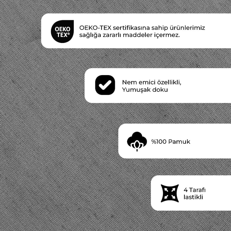 Düz Renk Antrasit Lastikli Çarşaf + Yastık Seti %100 Doğal Pamuk Ranforce Bonvagon