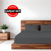 Düz Renk Antrasit Lastikli Çarşaf + Yastık Seti %100 Doğal Pamuk Ranforce Bonvagon