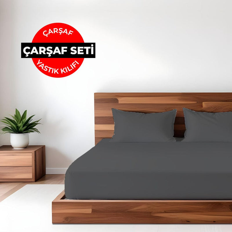Düz Renk Antrasit Lastikli Çarşaf + Yastık Seti %100 Doğal Pamuk Ranforce Bonvagon