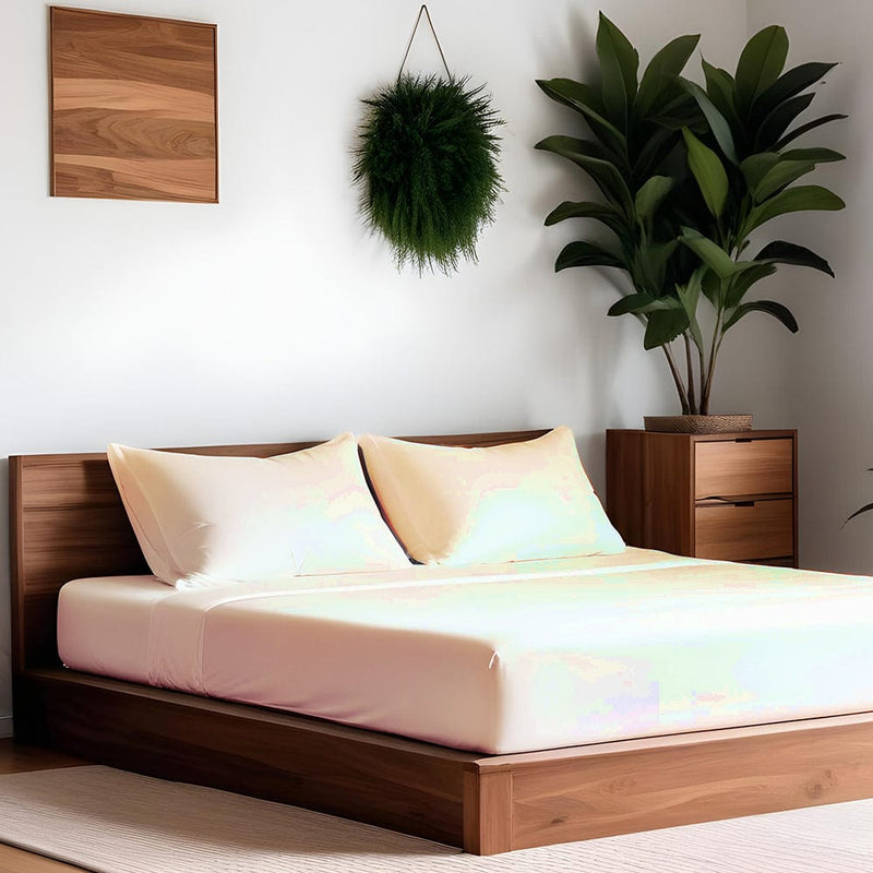 Düz Renk Bej Lastikli Çarşaf + Yastık Seti %100 Doğal Pamuk Ranforce Bonvagon