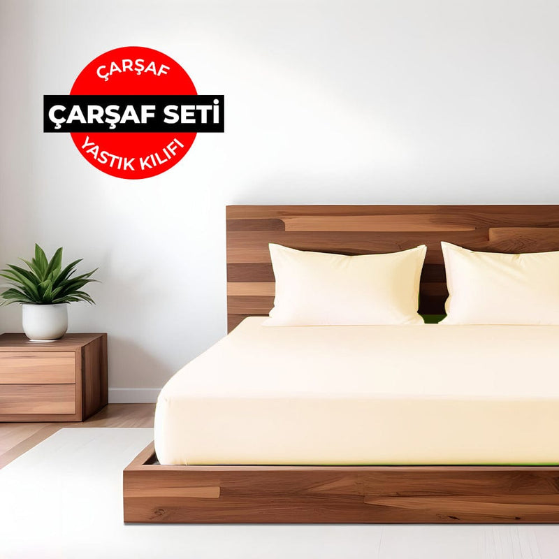 Düz Renk Bej Lastikli Çarşaf + Yastık Seti %100 Doğal Pamuk Ranforce Bonvagon
