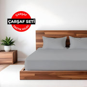 Düz Renk Gri Lastikli Çarşaf + Yastık Seti %100 Doğal Pamuk Ranforce Bonvagon