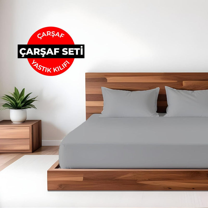 Düz Renk Gri Lastikli Çarşaf + Yastık Seti %100 Doğal Pamuk Ranforce Bonvagon