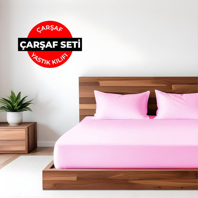 Düz Renk Pudra Lastikli Çarşaf + Yastık Seti %100 Doğal Pamuk Ranforce Bonvagon