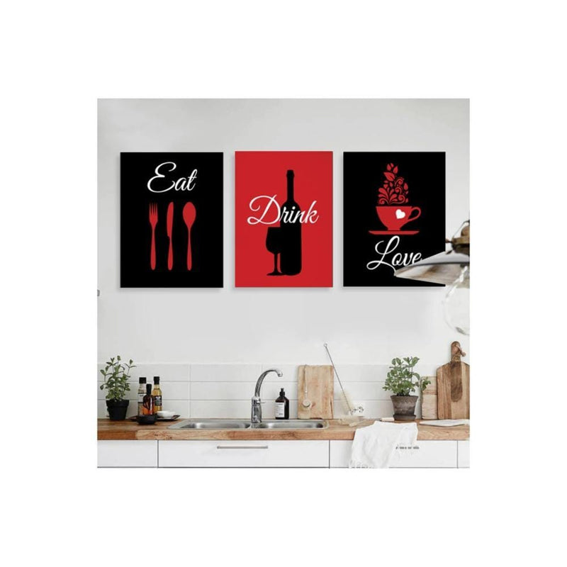 Eat Drink Love 3 Parça Çerçeve Görünümlü Ahşap Tablo Seti Bonvagon