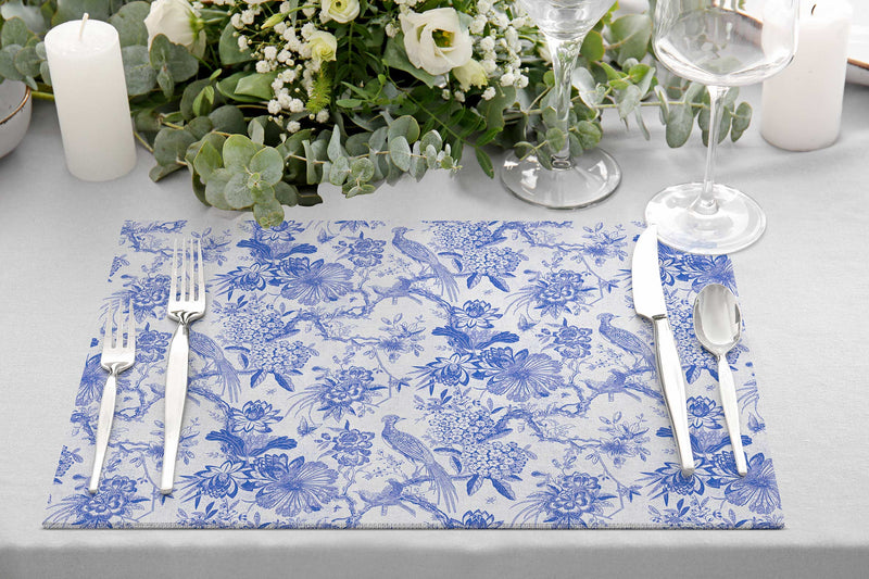 Egzotic Blue Birds 4lü İnce Keten Kumaş Amerikan Servisi 50x35cm