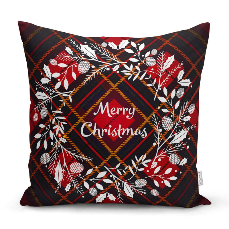 Ekose Merry Christmas Yılbaşı Desenli Dijital Baskılı Yastık Kırlent Kılıfı 43x43cm