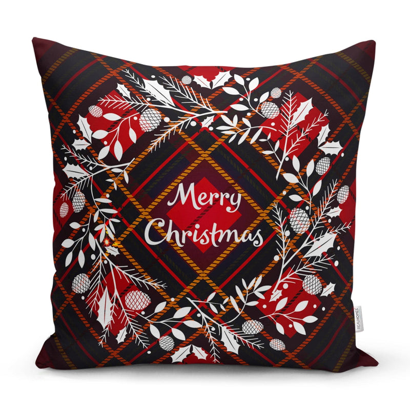 Ekose Merry Christmas Yılbaşı Desenli Dijital Baskılı Yastık Kırlent Kılıfı 43x43cm