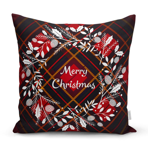 Ekose Merry Christmas Yılbaşı Desenli Dijital Baskılı Yastık Kırlent Kılıfı 43x43cm