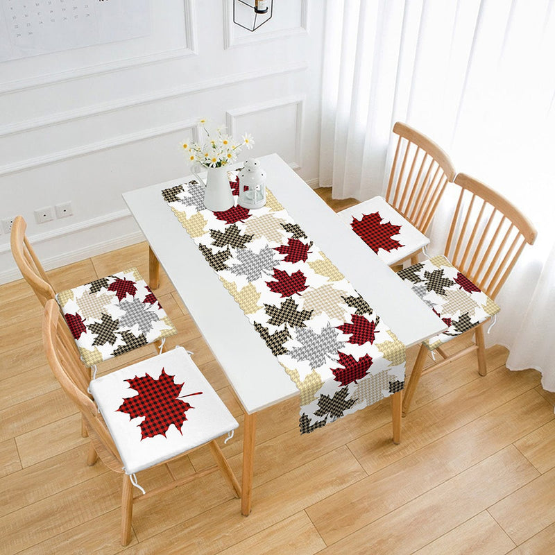 Ekose Yaprak Özel Tasarımlı 4 Fermuarlı Sandalye Minderi ve Runner Seti Bonvagon