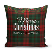 Ekose Zeminde Merry Christmas Yılbaşı Baskılı Dekoratif Yastık Kırlent Kılıfı 43x43cm