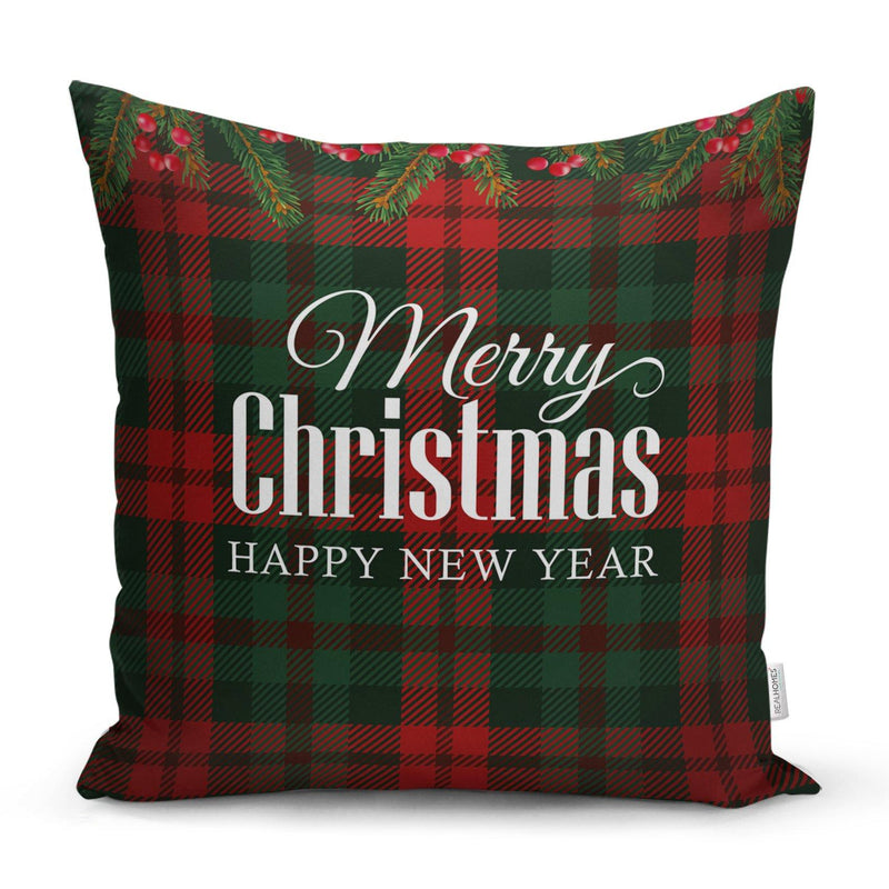 Ekose Zeminde Merry Christmas Yılbaşı Baskılı Dekoratif Yastık Kırlent Kılıfı 43x43cm