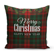 Ekose Zeminde Merry Christmas Yılbaşı Baskılı Dekoratif Yastık Kırlent Kılıfı 43x43cm
