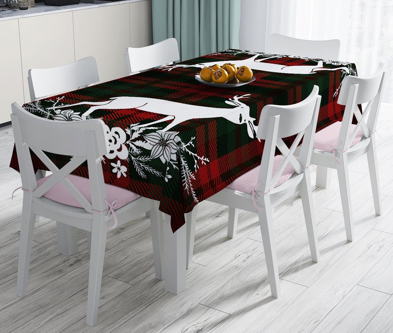 Ekose Zeminde Yılbaşı Geyik Temalı Dijital Baskılı Leke Tutmaz Masa Örtüsü Bonvagon