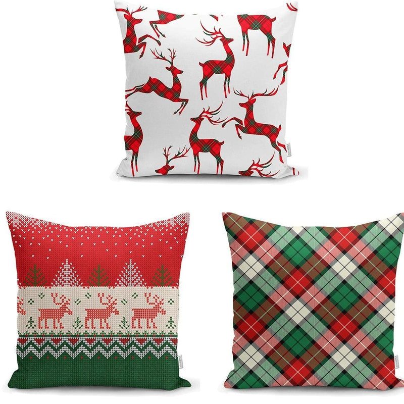 Ekoseli Yılbası 3'lü Yastık Kırlent Kılıf Seti Bonvagon